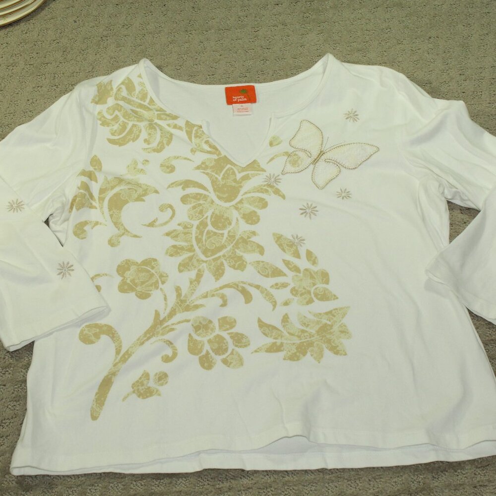 NWOT Hearts of Palm Size XL White Tan 3/4 Sleeve Top
